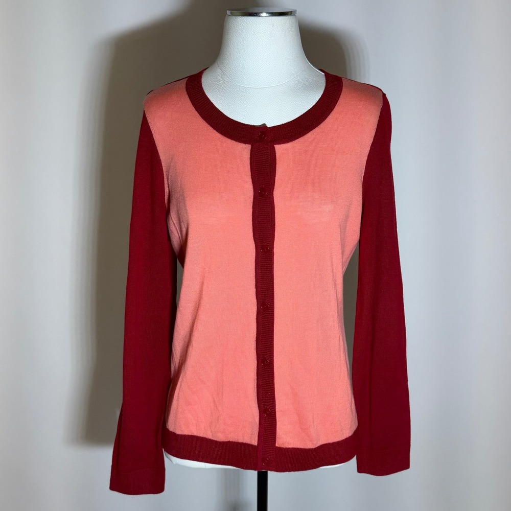 Talbots Pure Italian Merino Wool Colorblock Cardigan Sweater Coral/Red Womens M